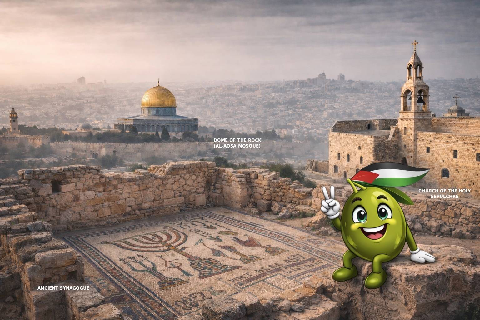 Zaytuna Mobile mascot in front of the Dome of the Rock and Jerusalem skyline